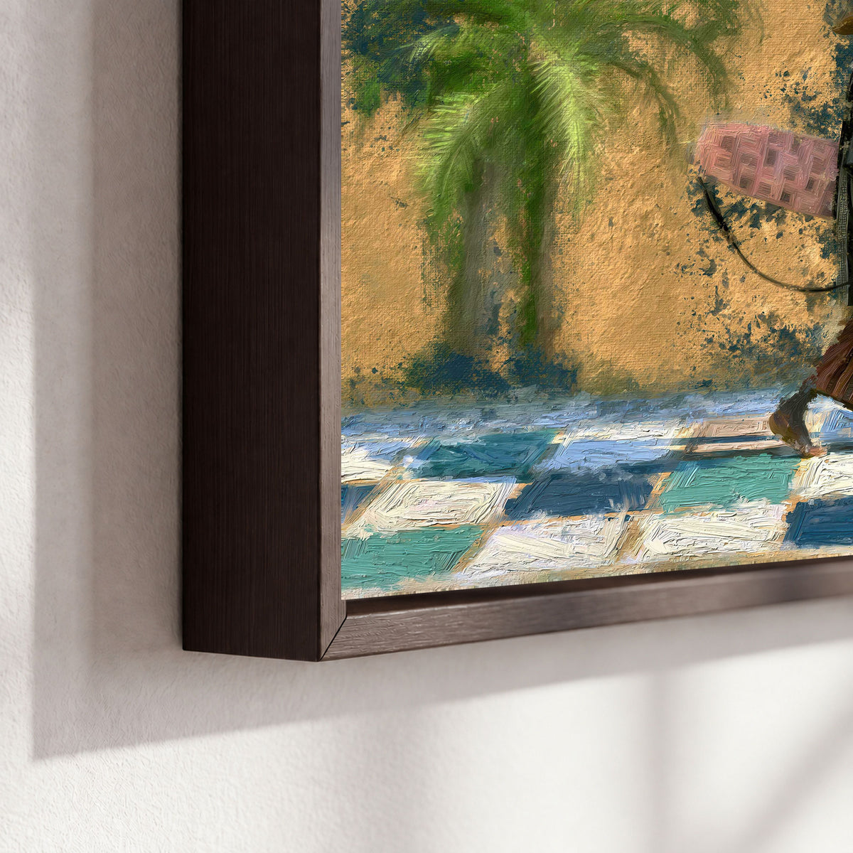 Surfer street painting framed canvas close-up showing the floating frame
