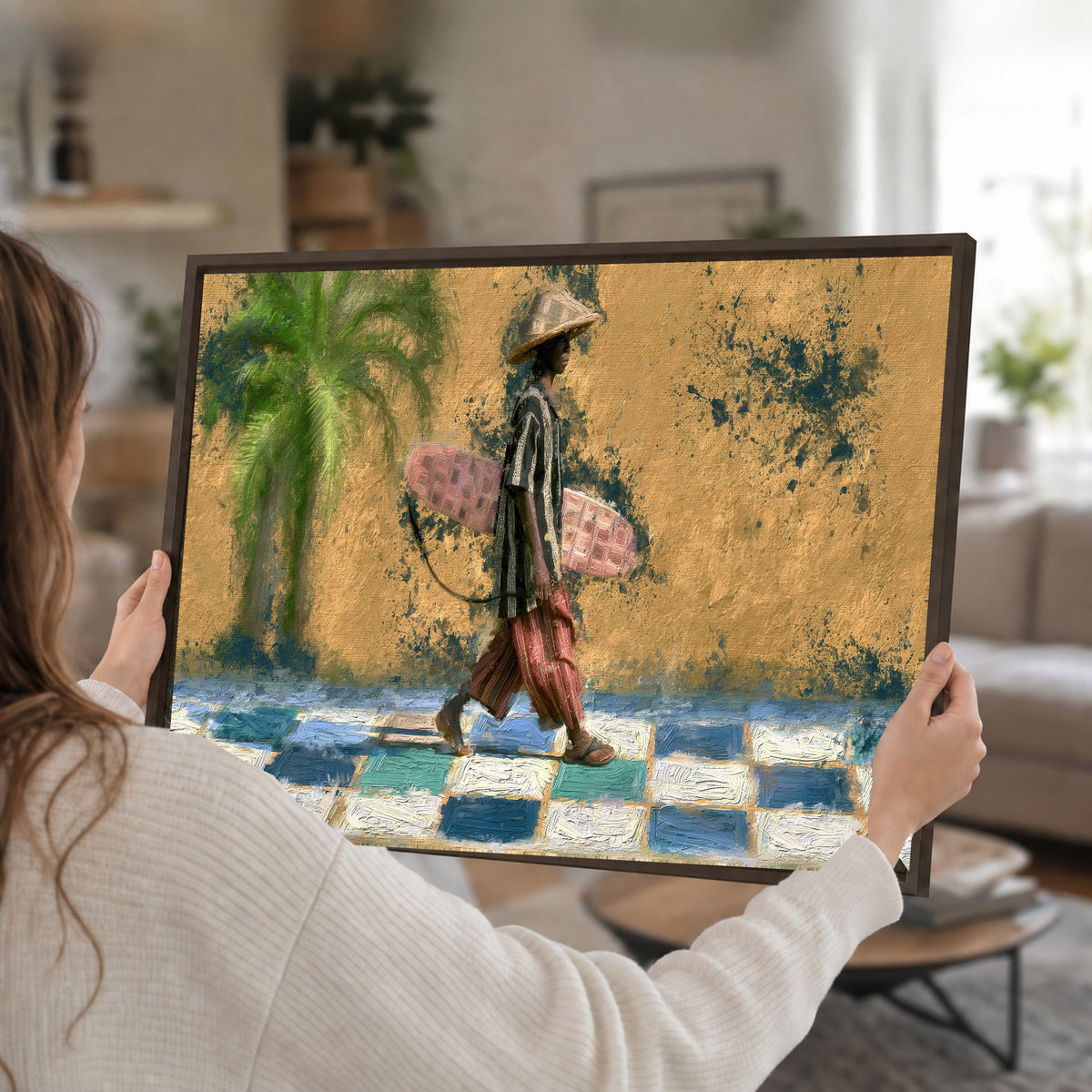Surfer street painting framed canvas wall art held in hands