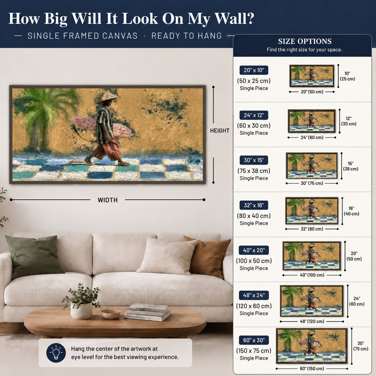 Surfer street painting framed canvas wall art size guide above a sofa