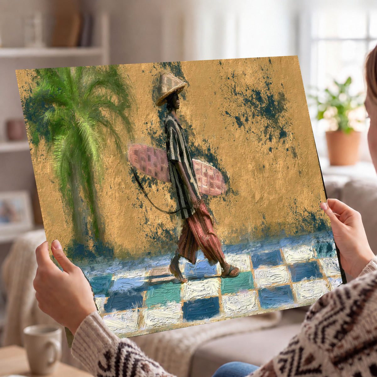 Surfer street painting poster print held in hands