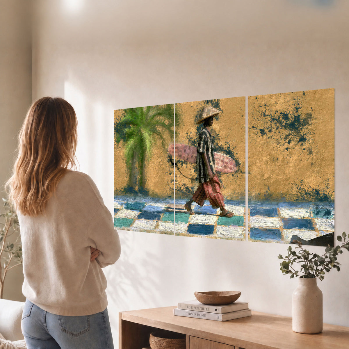 Surfer street painting set of 3 poster prints in a living room