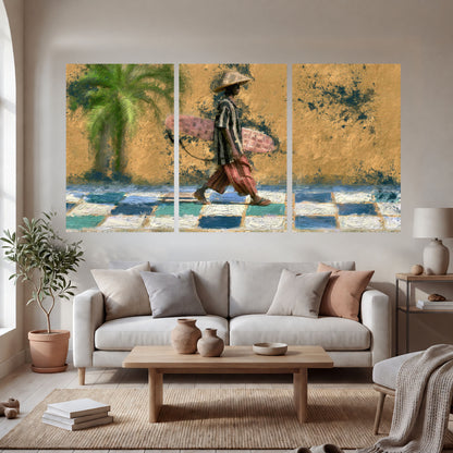 Surfer street painting set of 3 poster prints in a bright living room