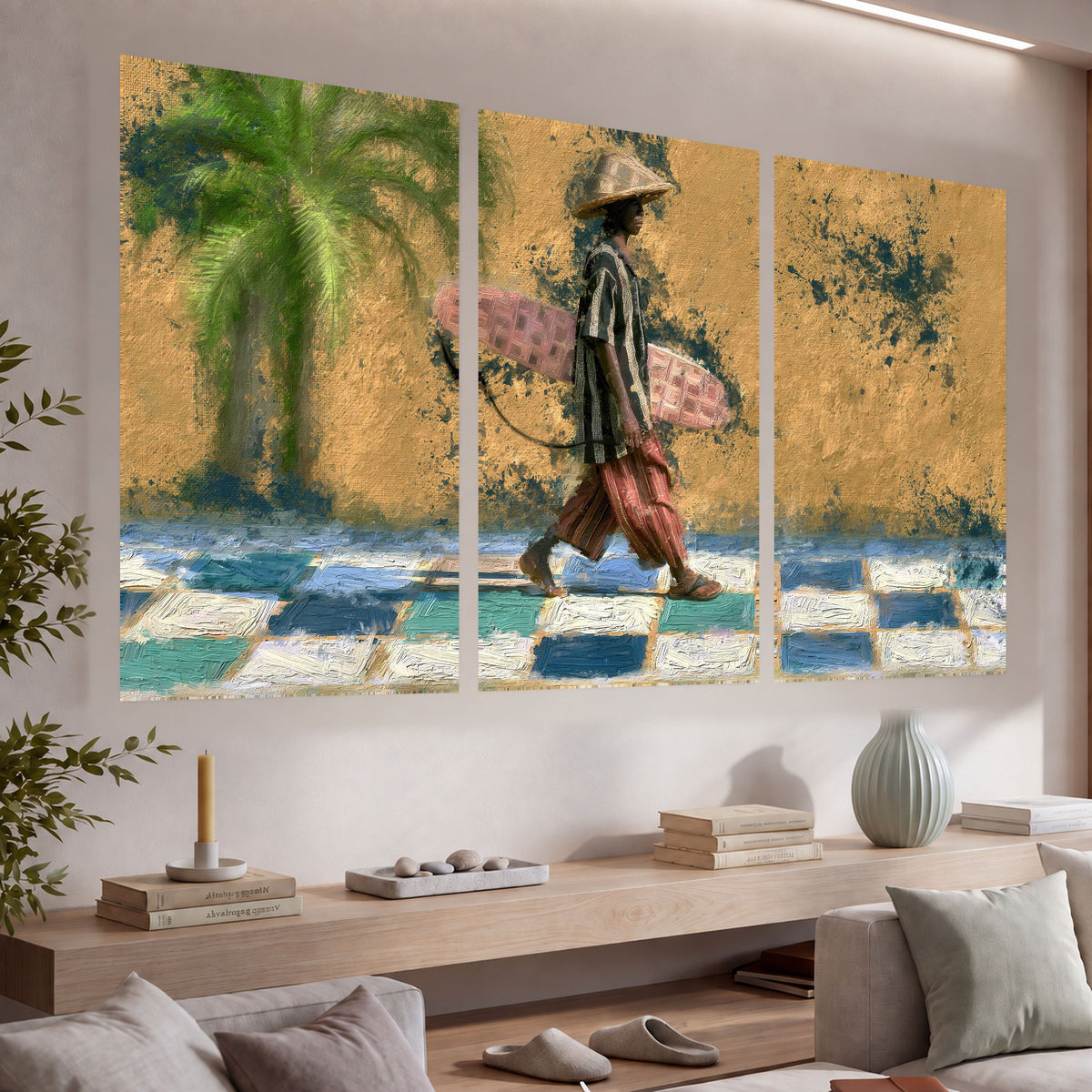 Surfer street painting set of 3 poster prints in a living room above a console