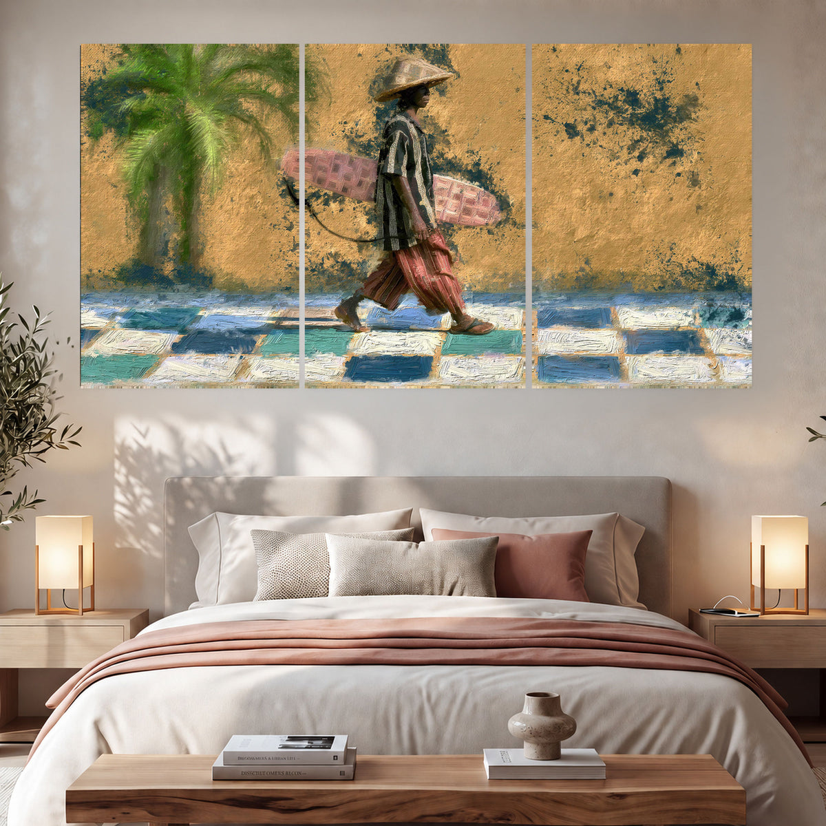 Surfer street painting set of 3 poster prints in a bedroom above the bed
