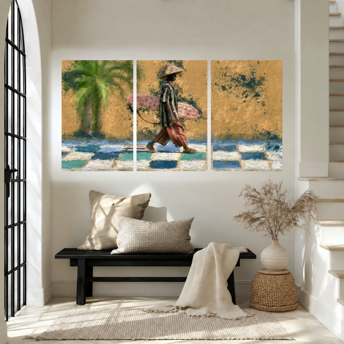 Surfer street painting set of 3 poster prints in an entryway above a bench