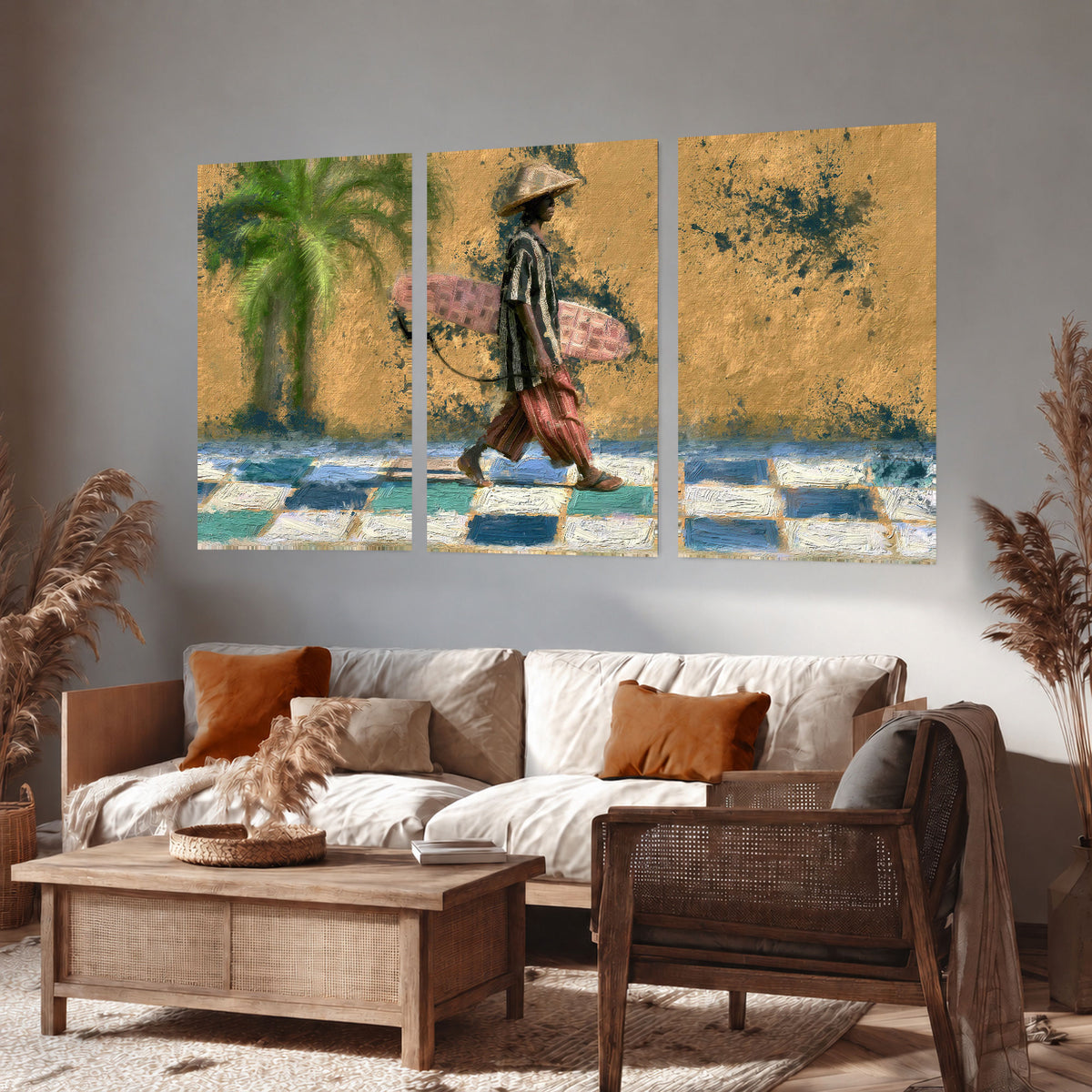 Surfer street painting set of 3 poster prints in a rustic living room