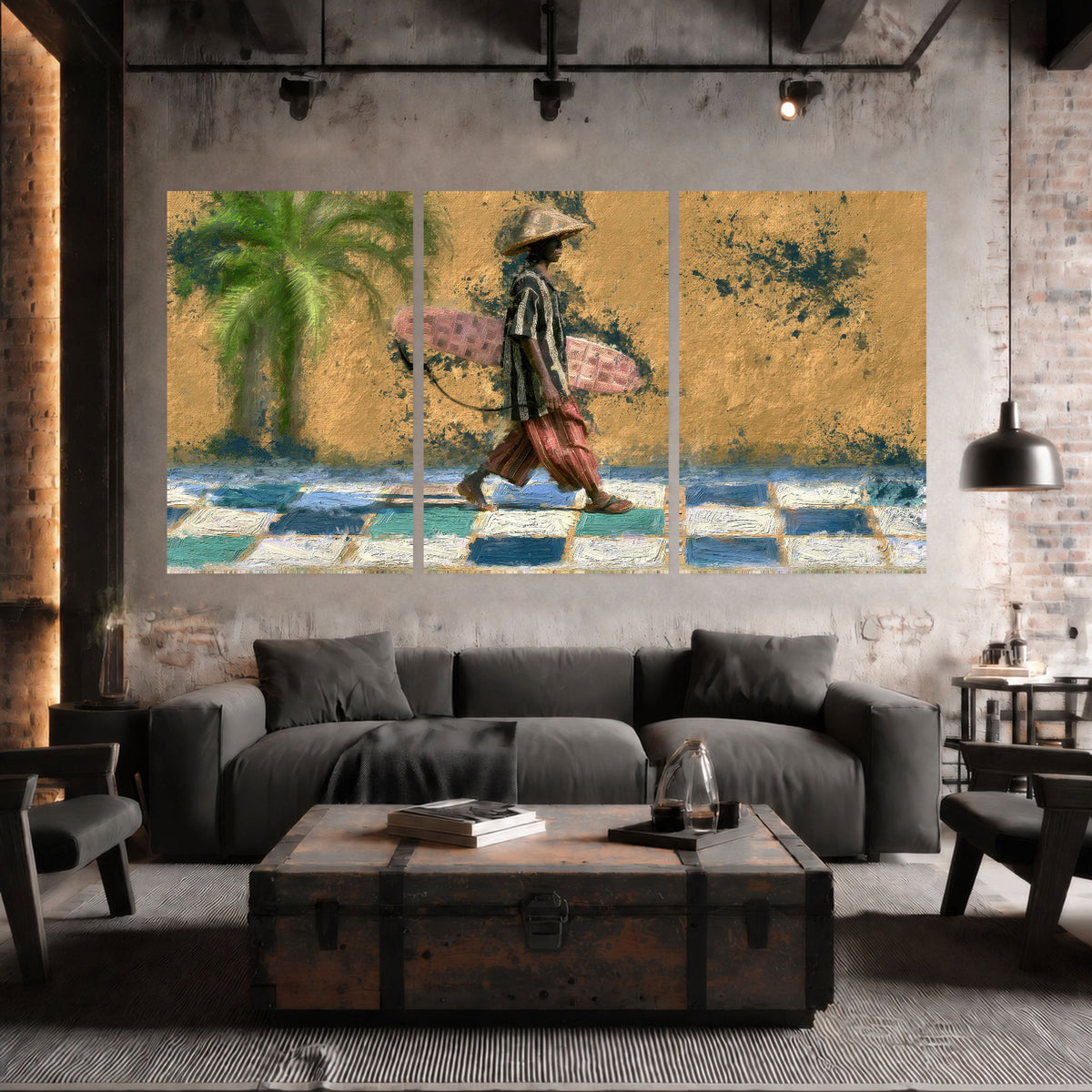 Surfer street painting set of 3 poster prints in an industrial loft