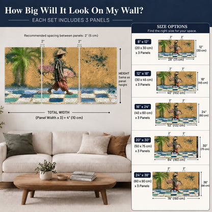 Surfer street painting set of 3 poster prints size guide above a sofa