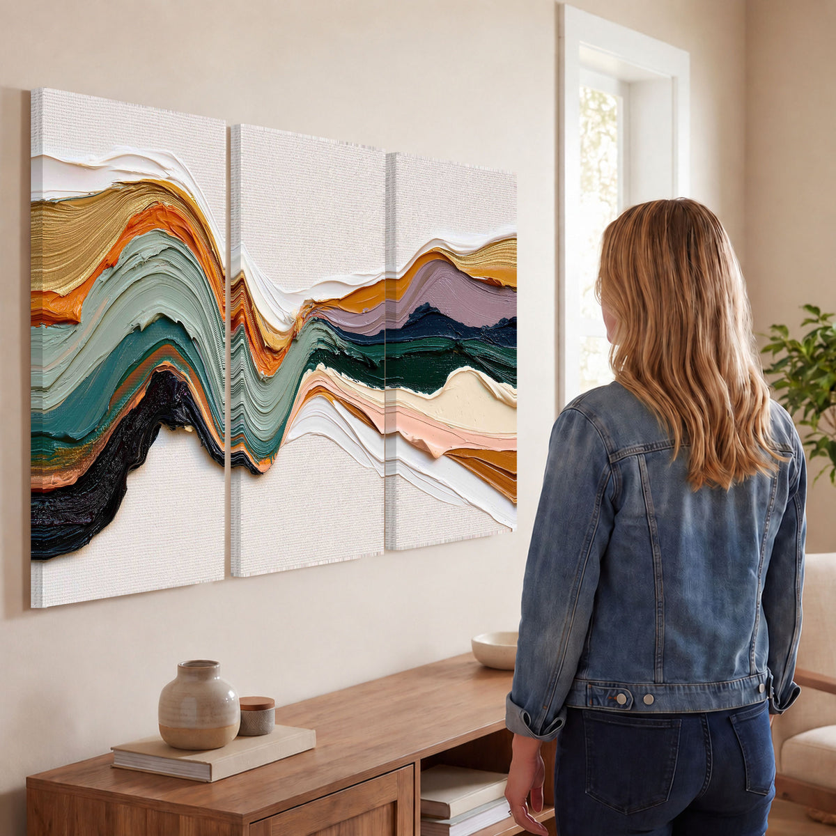 Textured abstract waves painting 3 piece canvas wall art in a living room