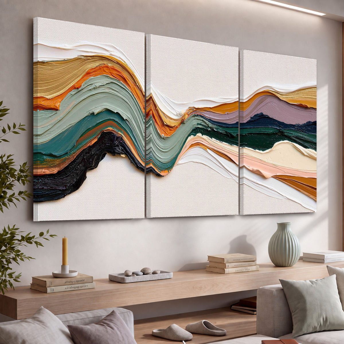 Textured abstract waves painting 3 piece canvas wall art in a living room above a console