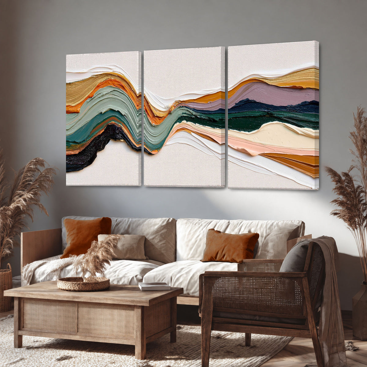 Textured abstract waves painting 3 piece canvas wall art in a rustic living room