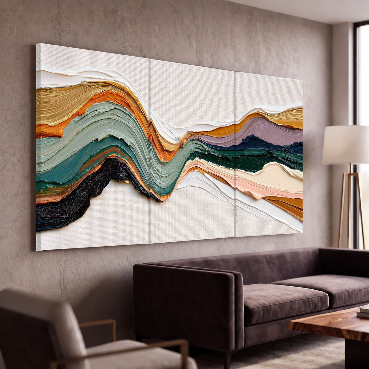 Textured abstract waves painting 3 piece canvas wall art in a modern living room