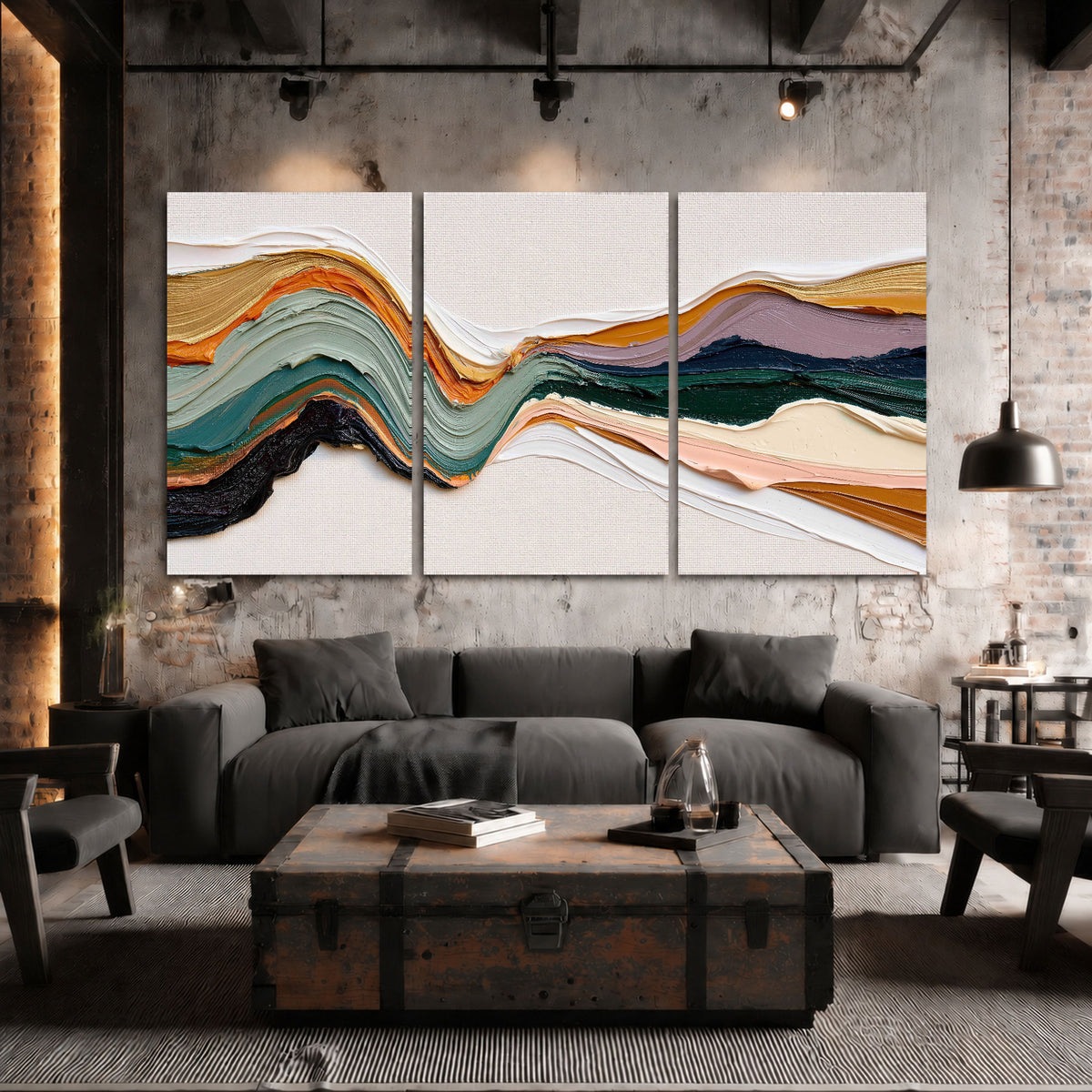 Textured abstract waves painting 3 piece canvas wall art in an industrial loft