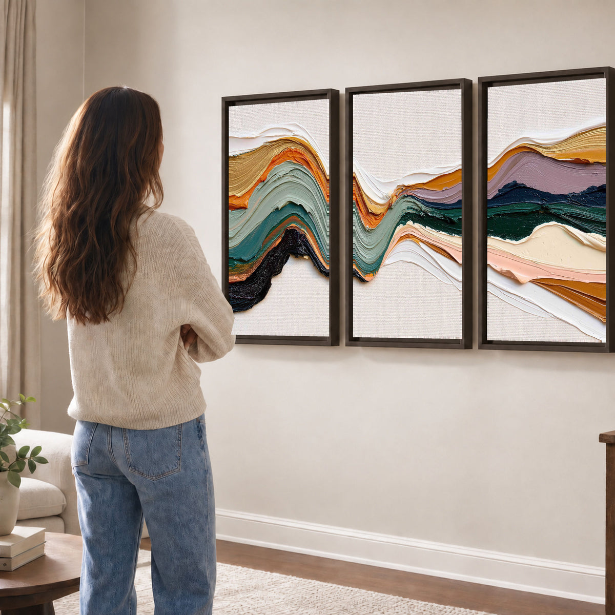 Textured abstract waves painting 3 piece framed canvas in a living room