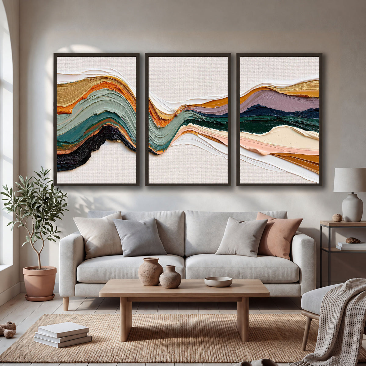 Textured abstract waves painting 3 piece framed canvas in a bright living room