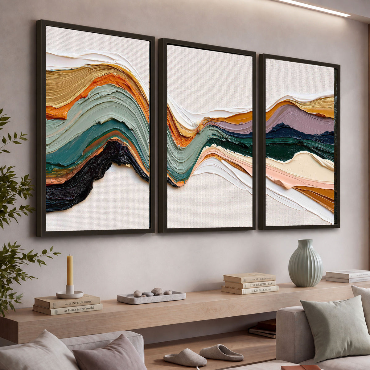 Textured abstract waves painting 3 piece framed canvas in a living room above a console