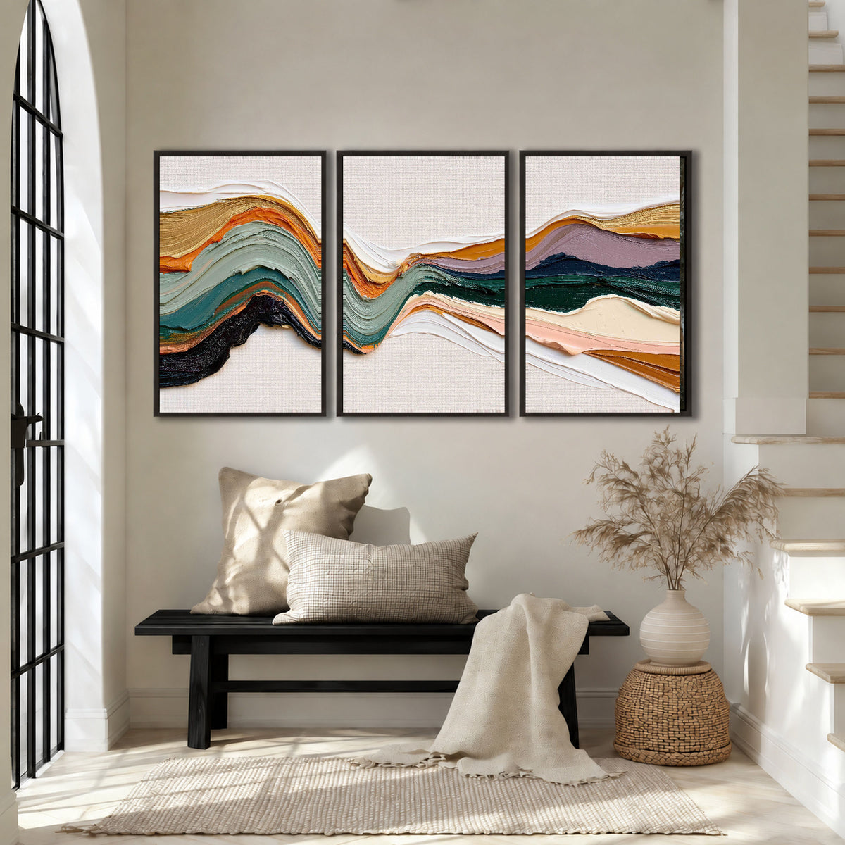 Textured abstract waves painting 3 piece framed canvas in an entryway above a bench
