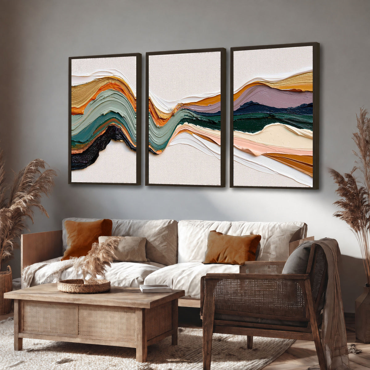Textured abstract waves painting 3 piece framed canvas in a rustic living room