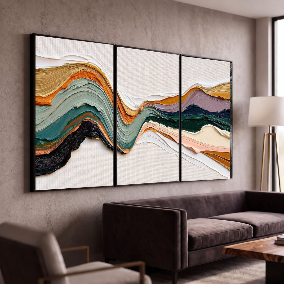 Textured abstract waves painting 3 piece framed canvas in a modern living room