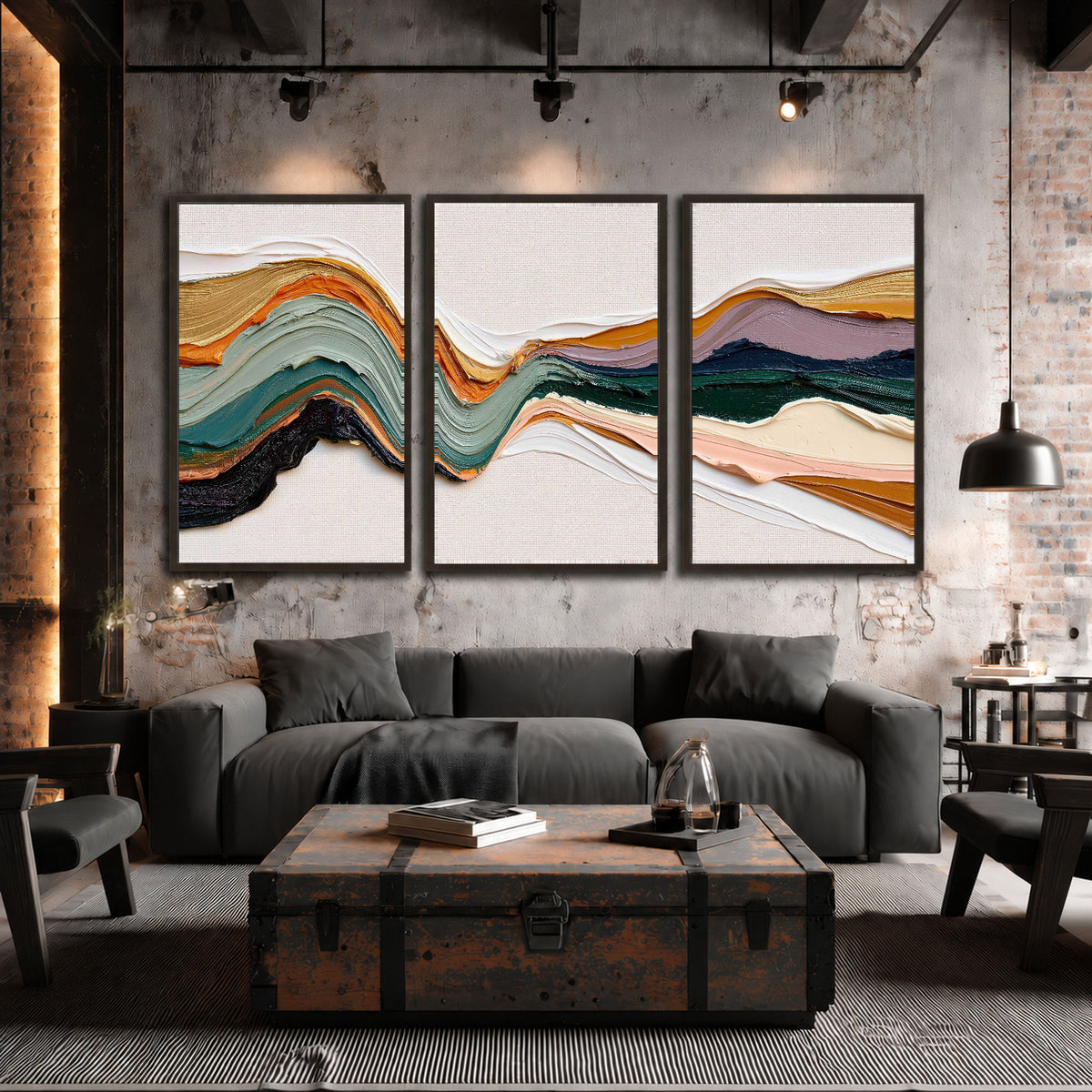 Textured abstract waves painting 3 piece framed canvas in an industrial loft