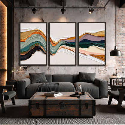 Textured abstract waves painting 3 piece framed canvas in an industrial loft