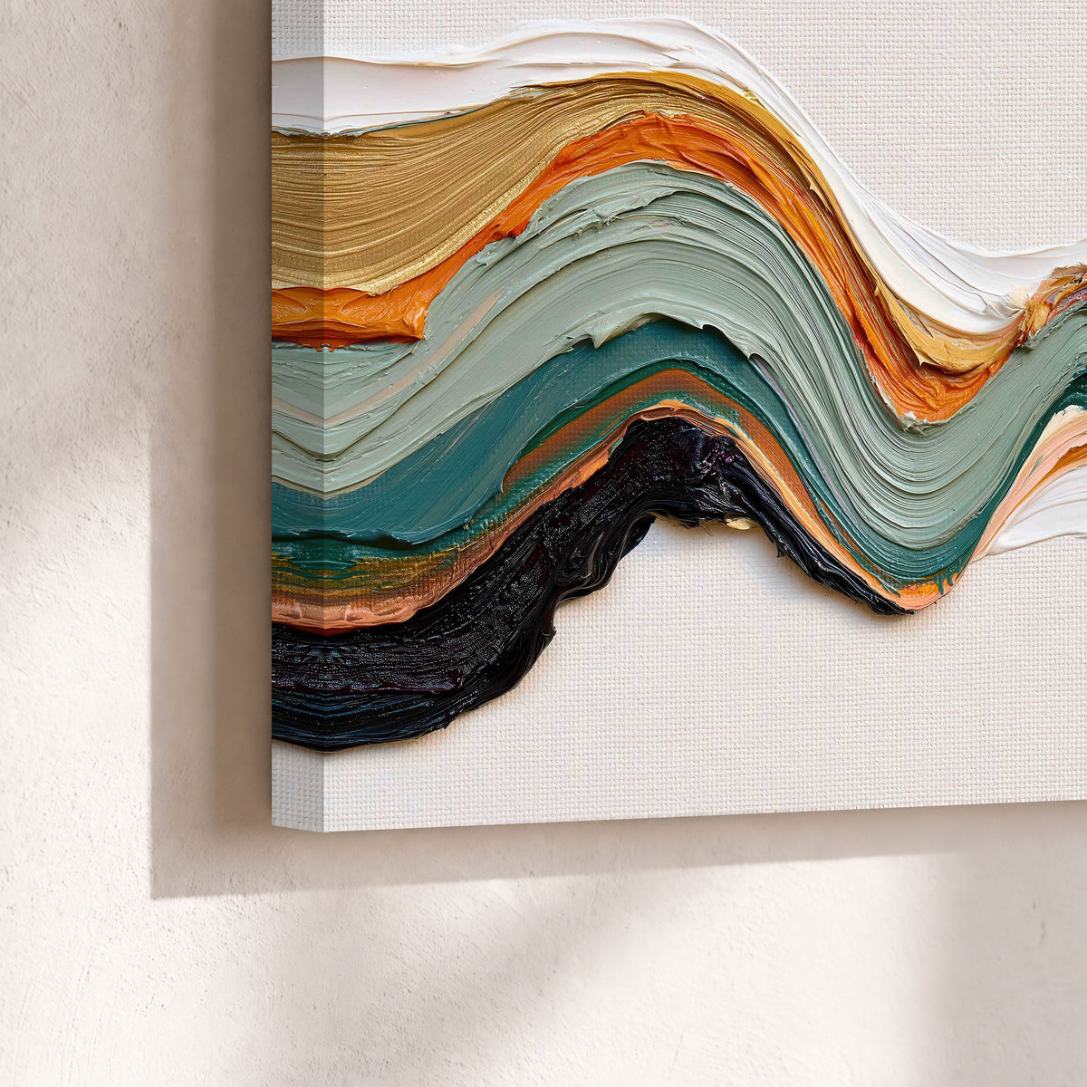 Textured abstract waves painting canvas print close-up showing the gallery-wrapped edge