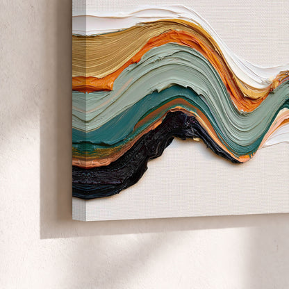 Textured abstract waves painting canvas print close-up showing the gallery-wrapped edge
