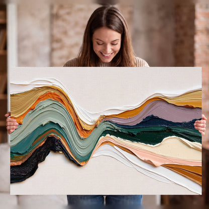 Textured abstract waves painting stretched canvas wall art held in hands