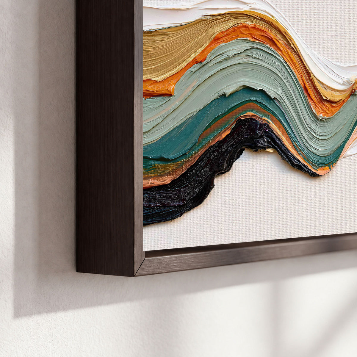 Textured abstract waves painting framed canvas close-up showing the floating frame