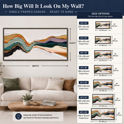 Textured abstract waves painting framed canvas wall art size guide above a sofa