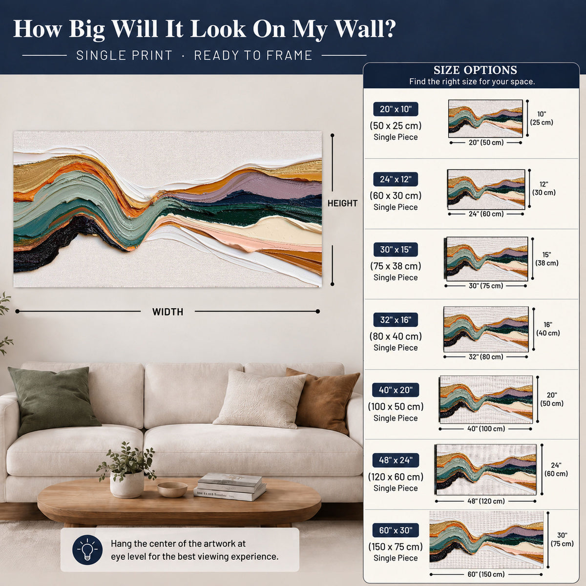 Textured abstract waves painting poster print size guide above a sofa