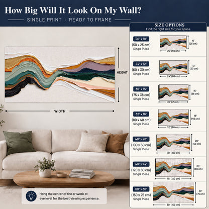 Textured abstract waves painting poster print size guide above a sofa