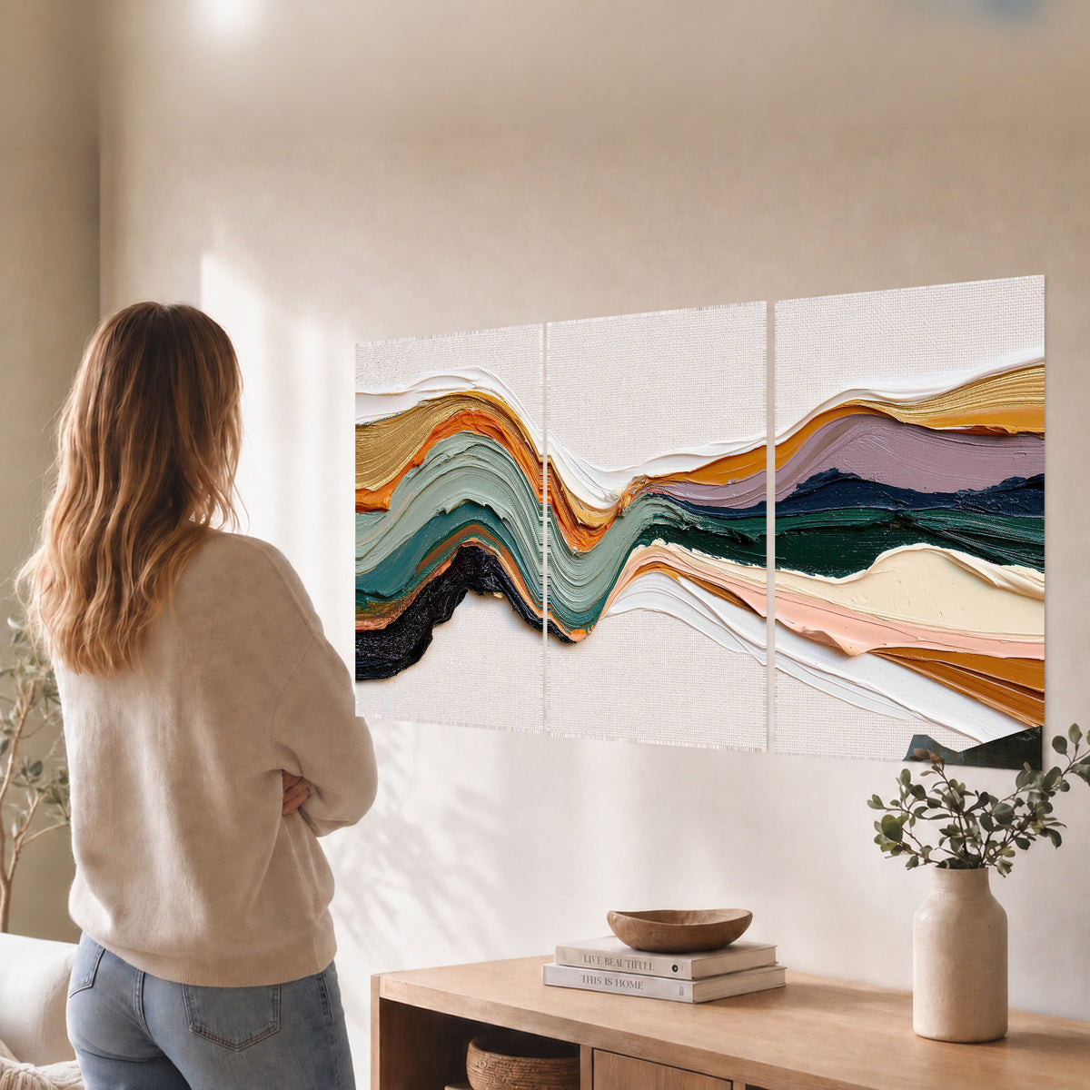 Textured abstract waves painting set of 3 poster prints in a living room