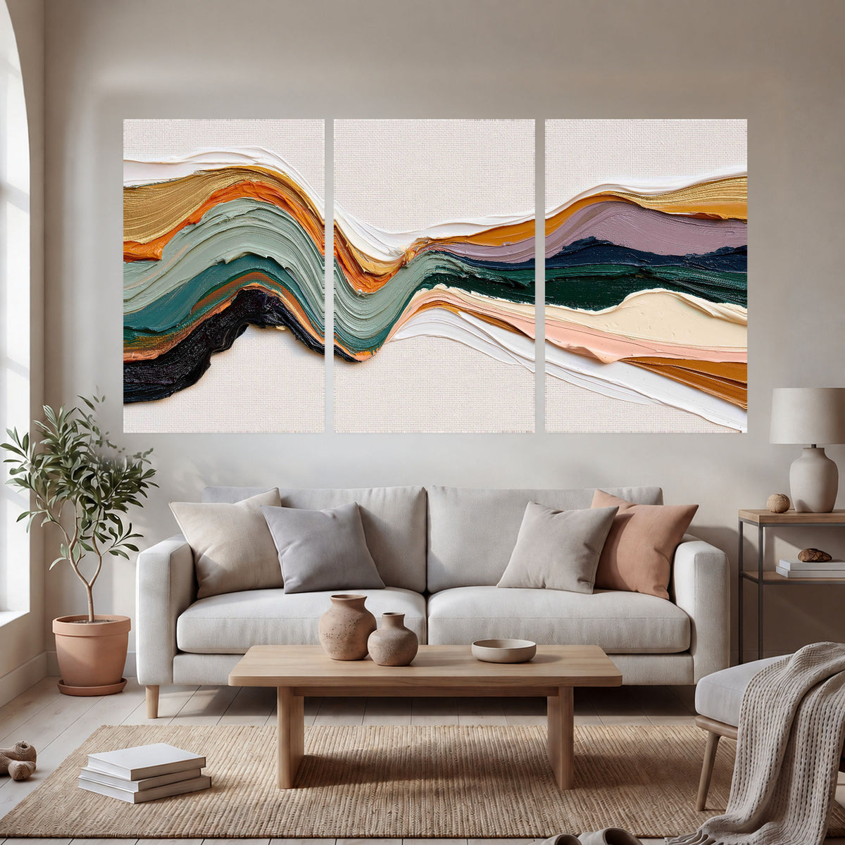 Textured abstract waves painting set of 3 poster prints in a bright living room