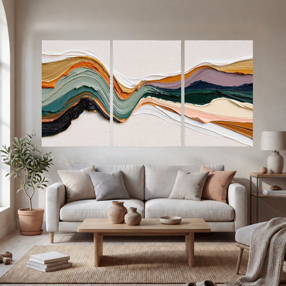 Textured abstract waves painting set of 3 poster prints in a bright living room