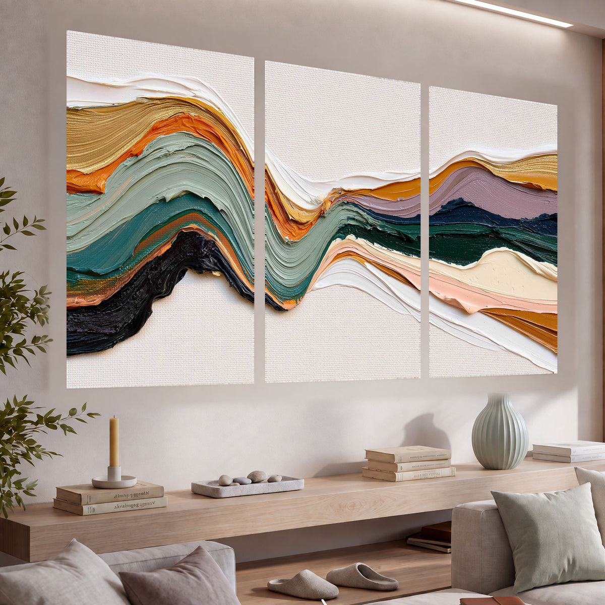 Textured abstract waves painting set of 3 poster prints in a living room above a console