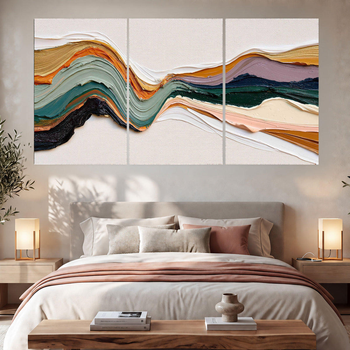 Textured abstract waves painting set of 3 poster prints in a bedroom above the bed