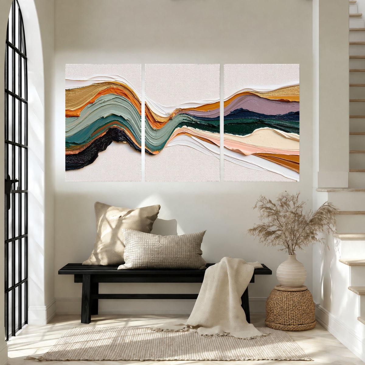 Textured abstract waves painting set of 3 poster prints in an entryway above a bench