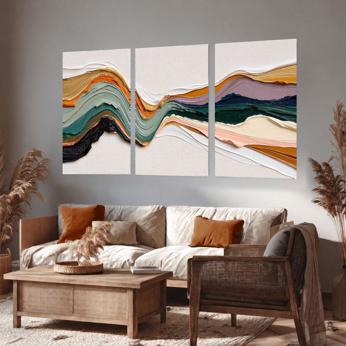 Textured abstract waves painting set of 3 poster prints in a rustic living room