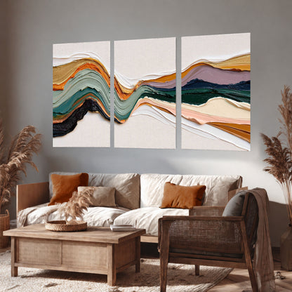 Textured abstract waves painting set of 3 poster prints in a rustic living room