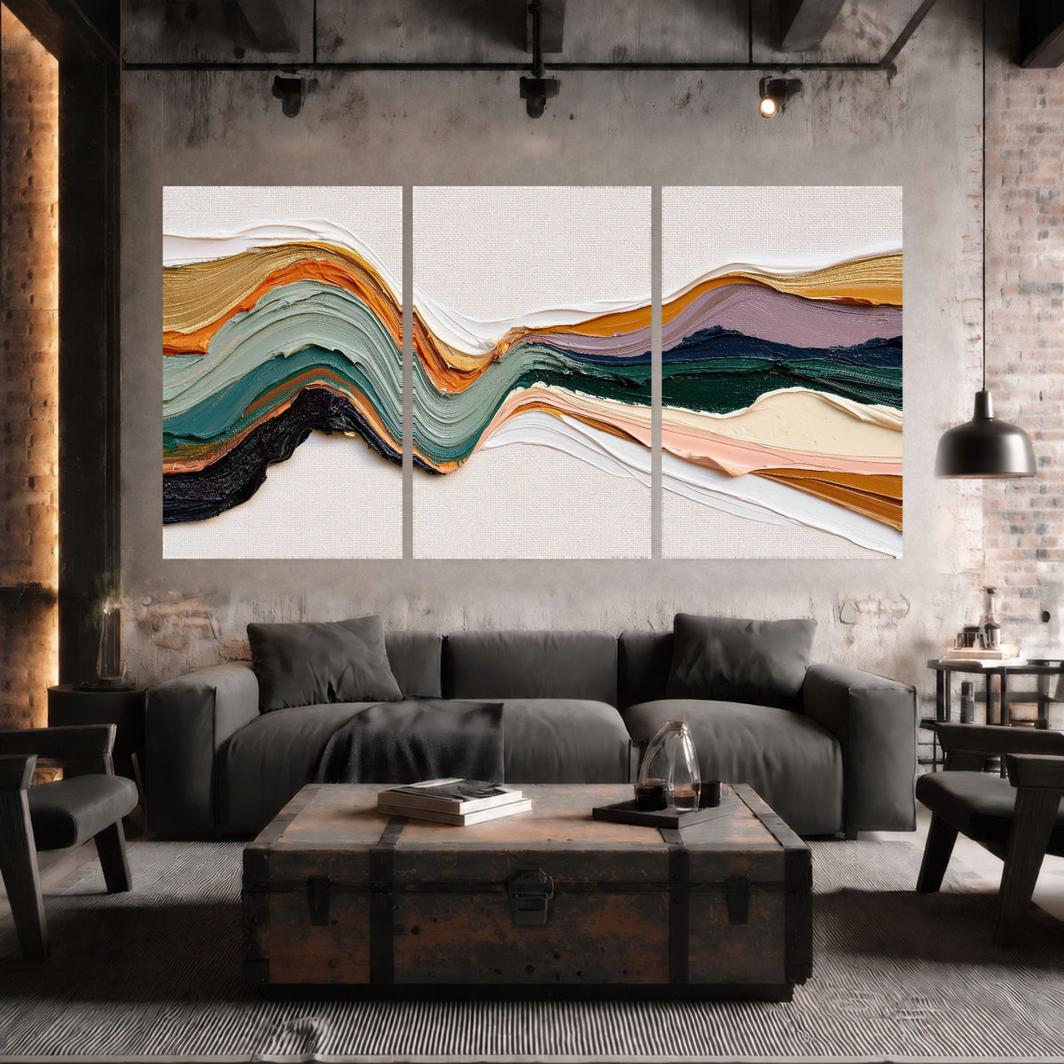 Textured abstract waves painting set of 3 poster prints in an industrial loft