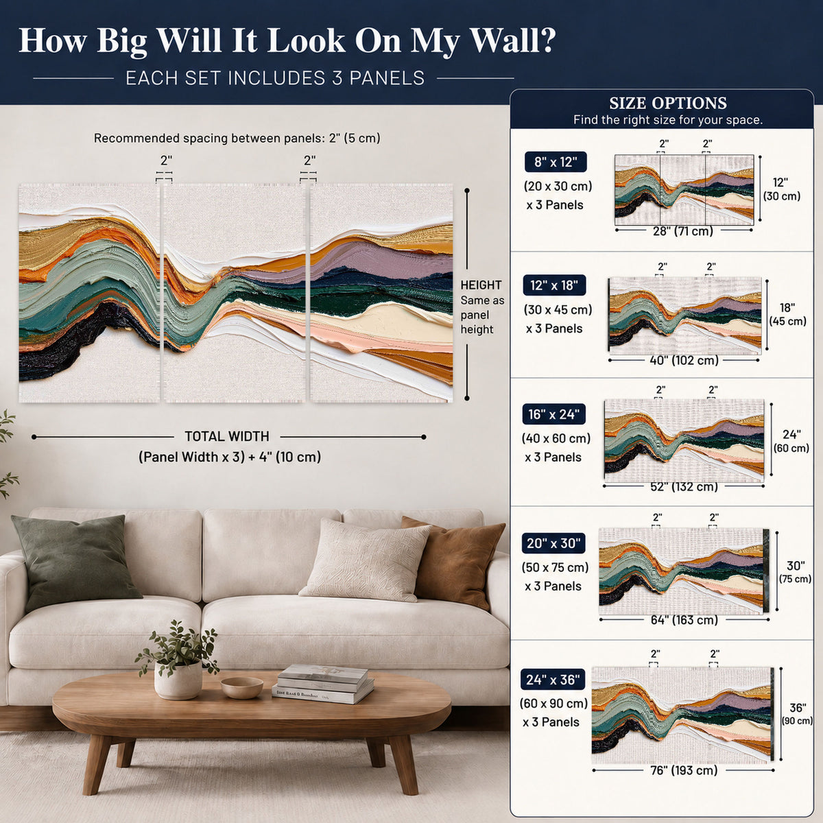 Textured abstract waves painting set of 3 poster prints size guide above a sofa