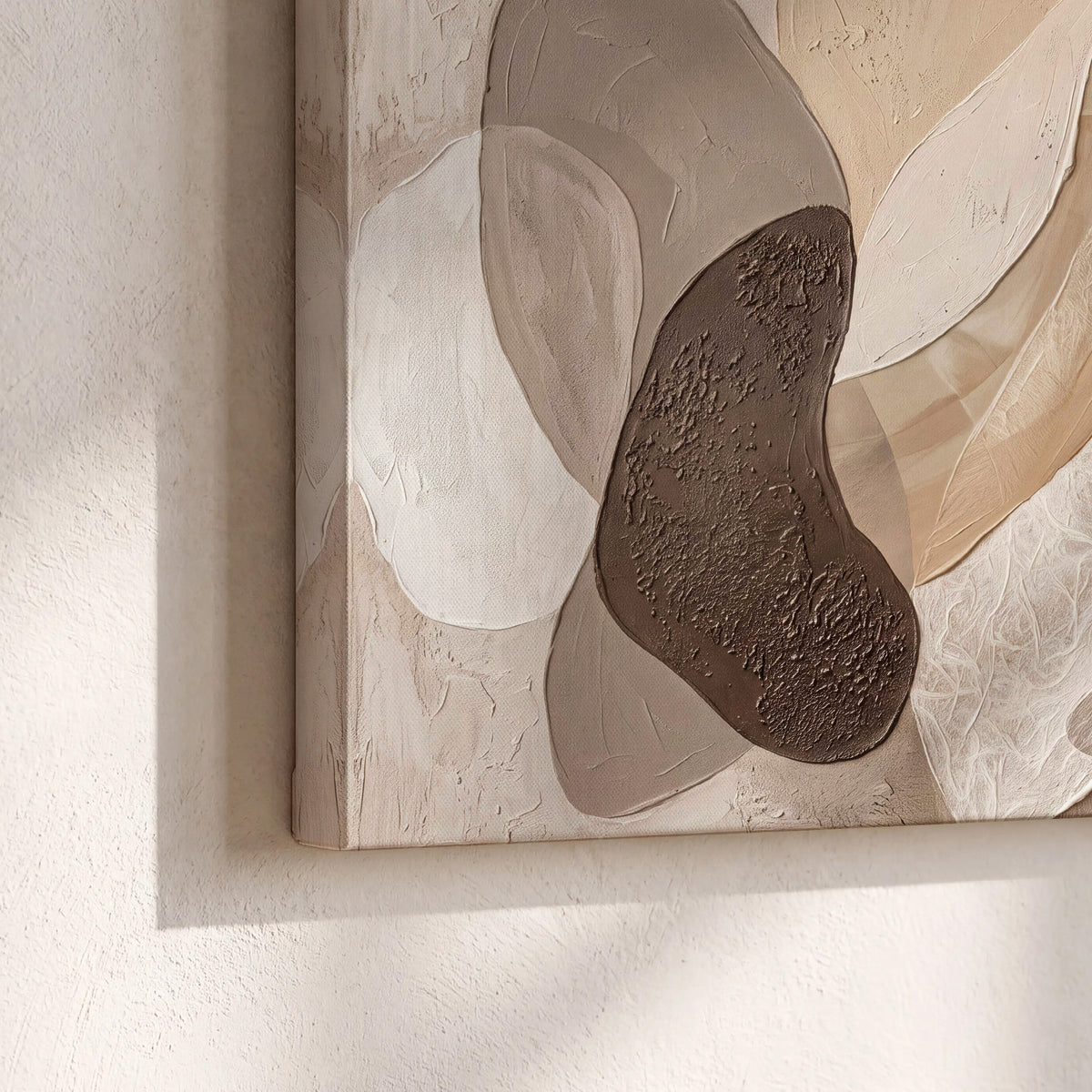 Layered organic shapes in taupe, cream and brown 3 piece canvas wall art material and edge close up