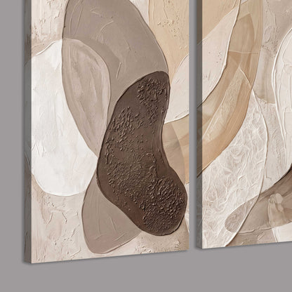Layered organic shapes in taupe, cream and brown 3 piece canvas wall art room and product view