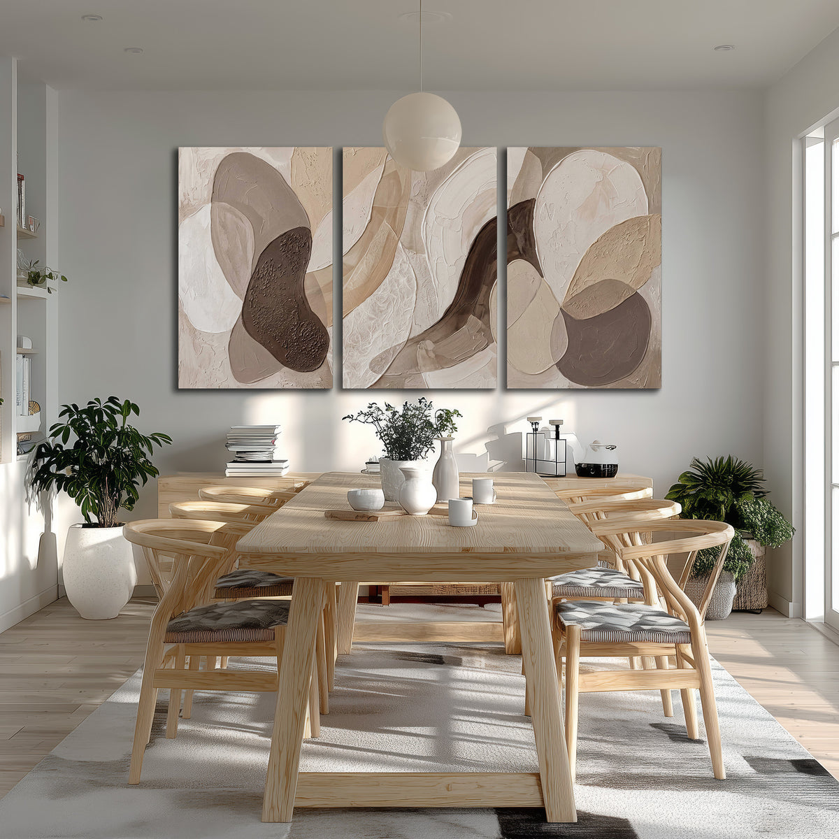 Layered organic shapes in taupe, cream and brown 3 piece canvas wall art room and product view