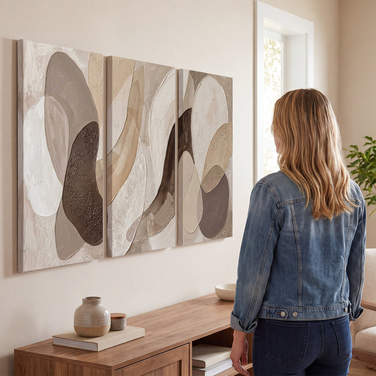 Layered organic shapes in taupe, cream and brown 3 piece canvas wall art three panel arrangement on a wall