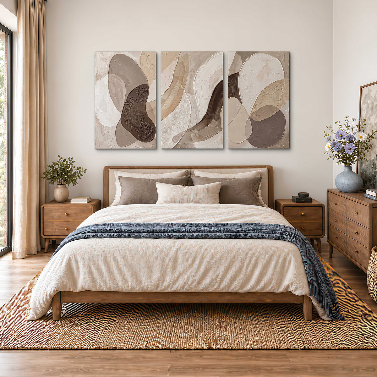 Layered organic shapes in taupe, cream and brown 3 piece canvas wall art styled in an interior