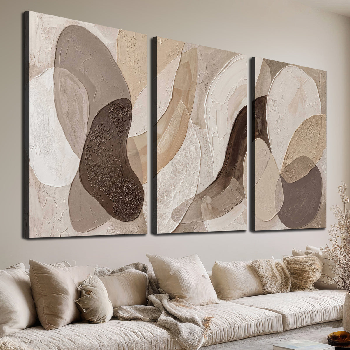 Layered organic shapes in taupe, cream and brown 3 piece canvas wall art room and product view