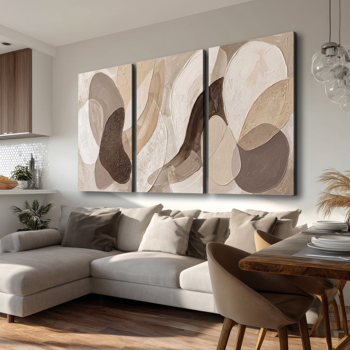 Layered organic shapes in taupe, cream and brown 3 piece canvas wall art room and product view