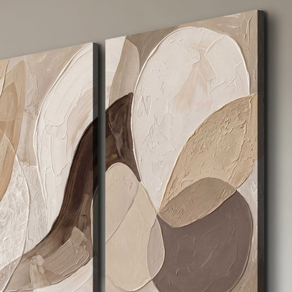 Layered organic shapes in taupe, cream and brown 3 piece canvas wall art room and product view